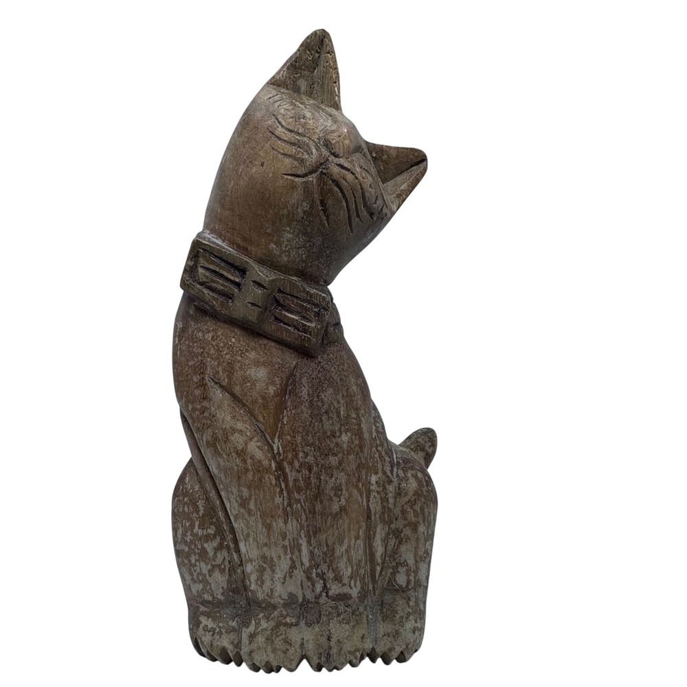 Vintage Hand Carved Wooden Cat Figurine Thailand Rustic Distressed Folk Art 9.5"